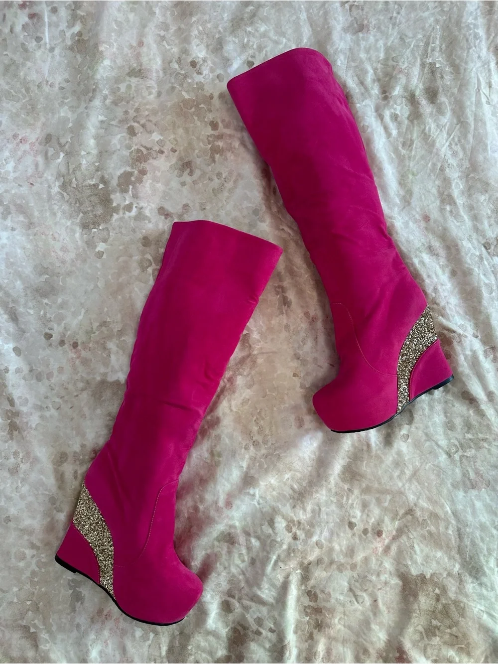 Women's Fuchsia Knee-High Wedge Boots with Glitter Accent